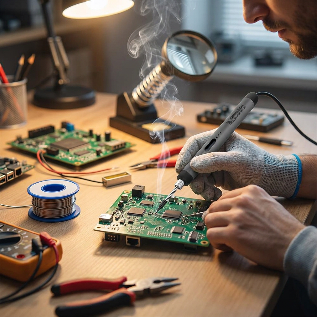 Person using a digital soldering iron on electronics - lifestyle