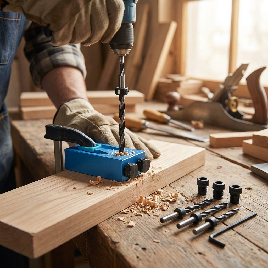 Person using a woodworking angle drill guide - lifestyle