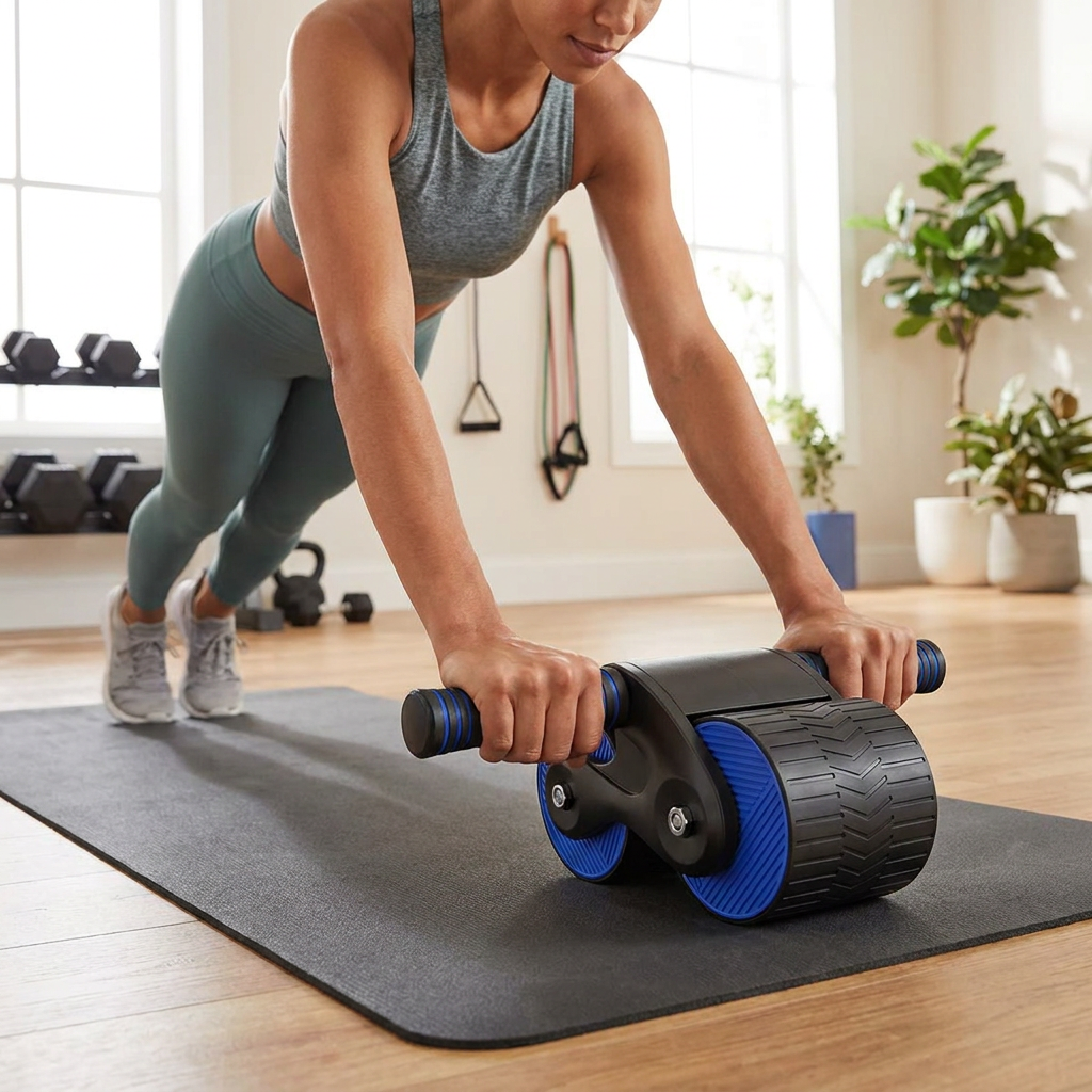 Person using an abdominal exercise roller in a home gym - lifestyle