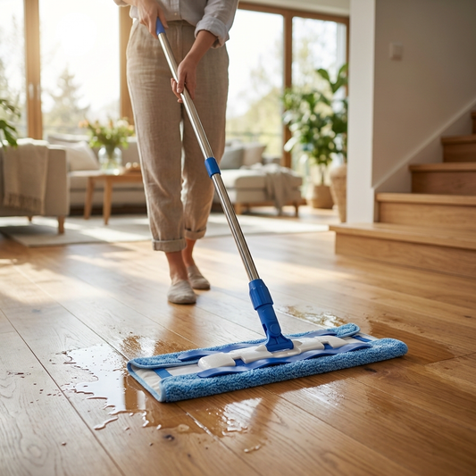 Person mopping a wood floor with a cleaning mop - lifestyle