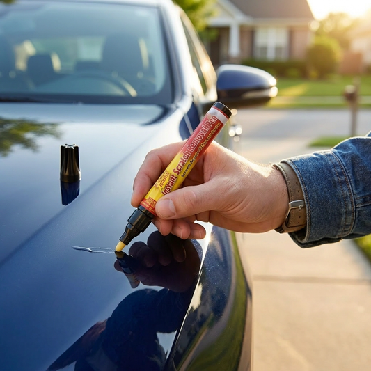 Person using an instant scratch removal pen on a car - lifestyle