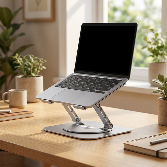 Laptop on an aluminum rotating laptop stand on a desk - lifestyle